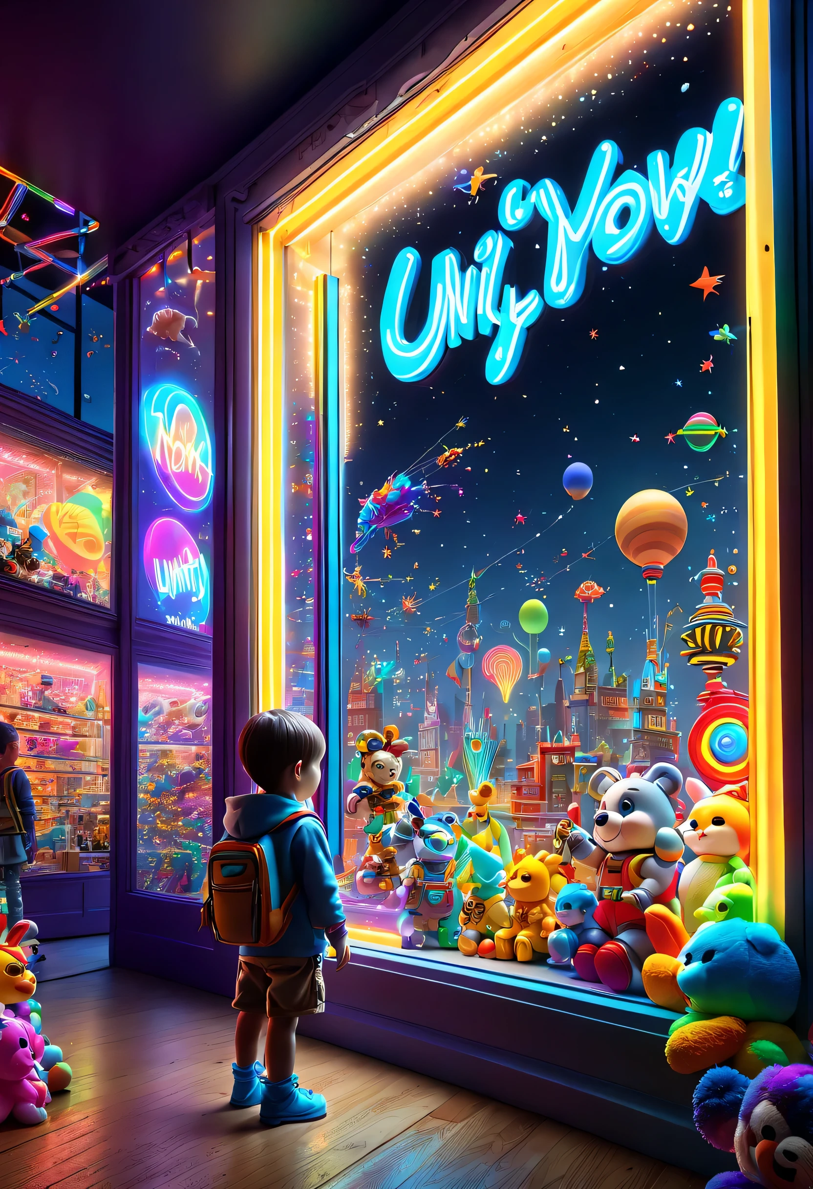 art by mooncryptowow, Interesting window display of Toy store，Creative window display，Display of several exquisite toys, Global illumination, Particle tracing, neon lights, (masterpiece, Representative work, official art, Professional, unity 8k wallpaper:1.3)，Colorful, 8k ultra high definition, The  Child looks into the window, back view