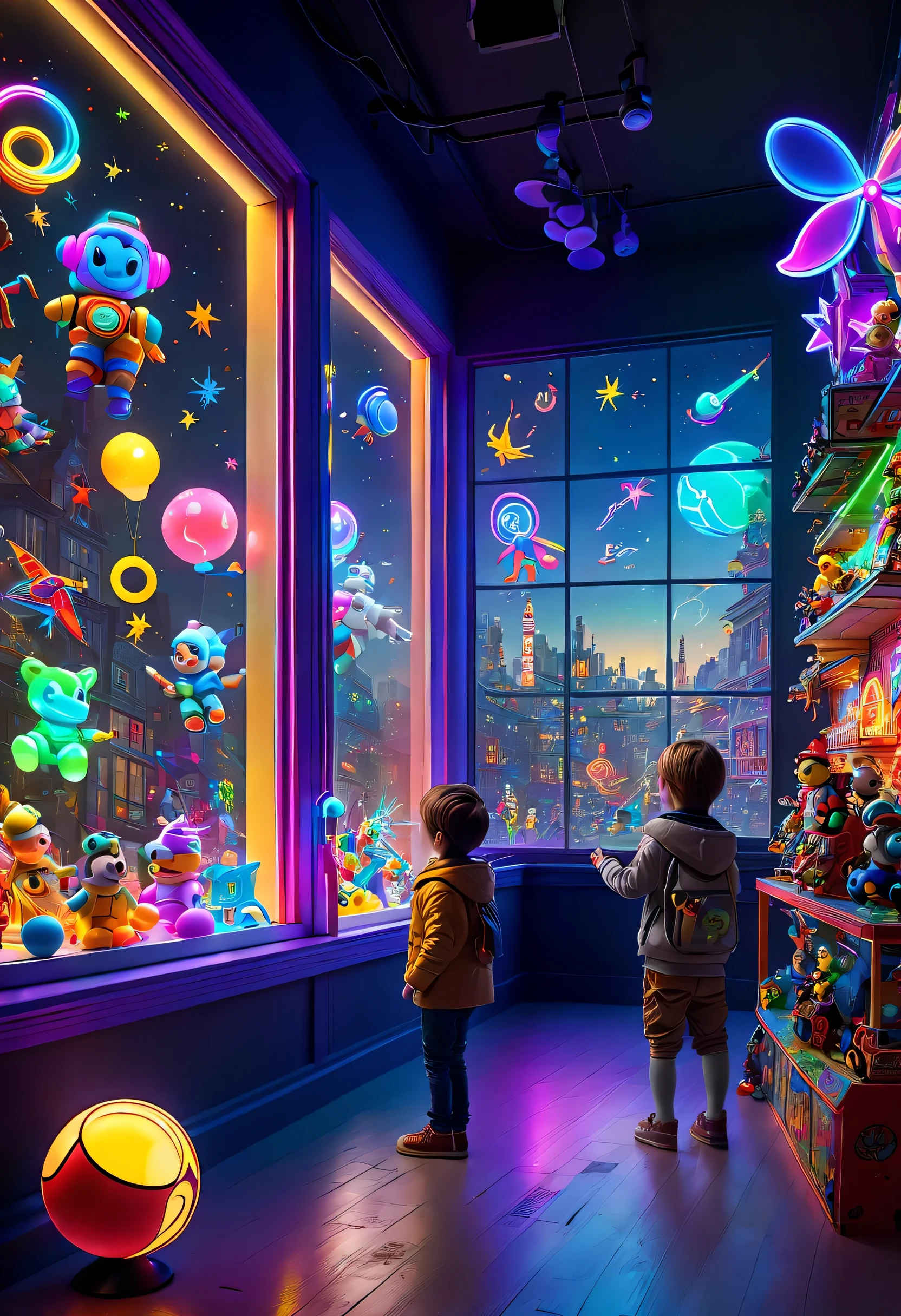 art by mooncryptowow, Interesting window display of Toy store，Creative window display，Display of several exquisite toys, Global illumination, Particle tracing, neon lights, (masterpiece, Representative work, official art, Professional, unity 8k wallpaper:1.3)，Colorful, 8k ultra high definition, The  Child looks into the window, back view