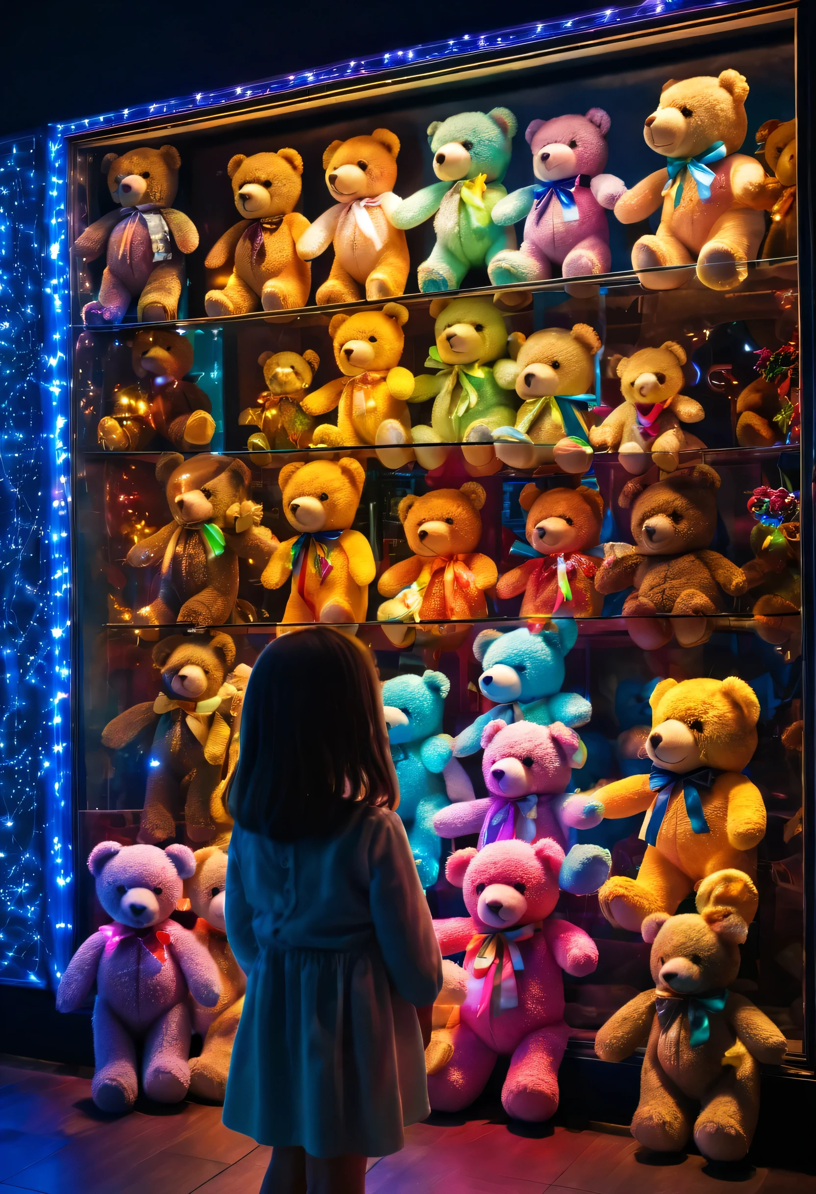 Interesting window display，Creative window display，Display of several exquisite teddy bear dolls, Global illumination, Particle tracing, neon lights，Colorful, 8k ultra high definition, The small Child looks into the window, back view