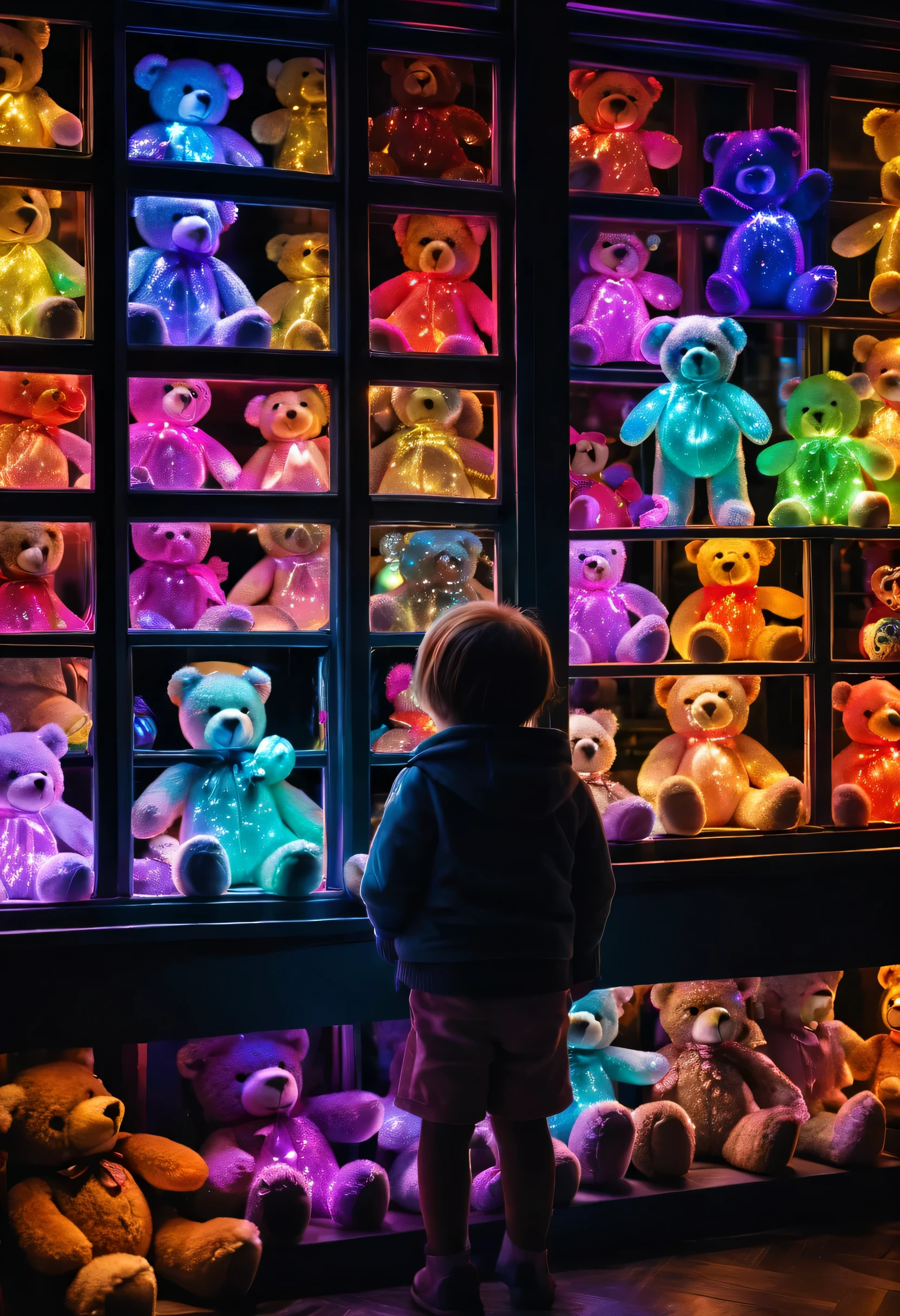 Interesting window display，Creative window display，Display of several exquisite teddy bear dolls, Global illumination, Particle tracing, neon lights，Colorful, 8k ultra high definition, The small Child looks into the window, back view