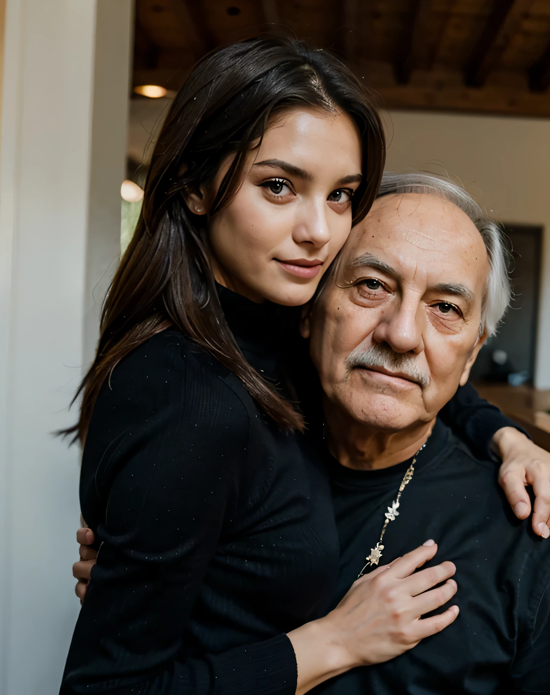 (8 Tausend, Rohfoto, highest quality), Beautiful girl, Selfie, Girl holds grandpa in her arms, (Detaillierte Augen:0.8), Trotz512, (highest quality), (bester Schatten), Komplizierte Details, Innere, rote Haare:1.3