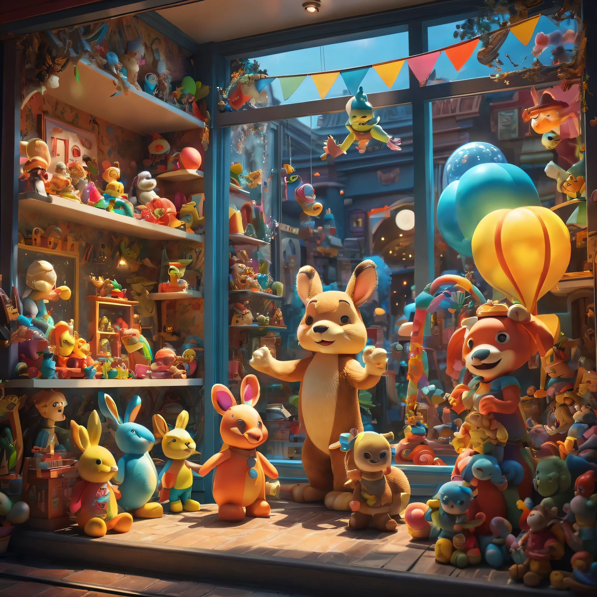 In the enchanting world of a toy store window display, a delightful array of whimsical characters and colorful playthings come to life, octane render, enhance, intricate, (masterpiece, Representative work, official art, Professional, unity 8k wallpaper:1.3), god rays, ray tracing, reflection light, super detail, masterpiece, best quality, 16k