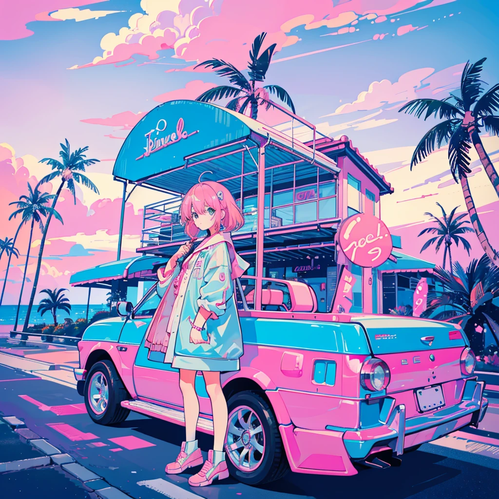 (1 girl, pink hair, kawaii), (seaside, pink sky, palm tree, blue classic car, blue and pink neon)