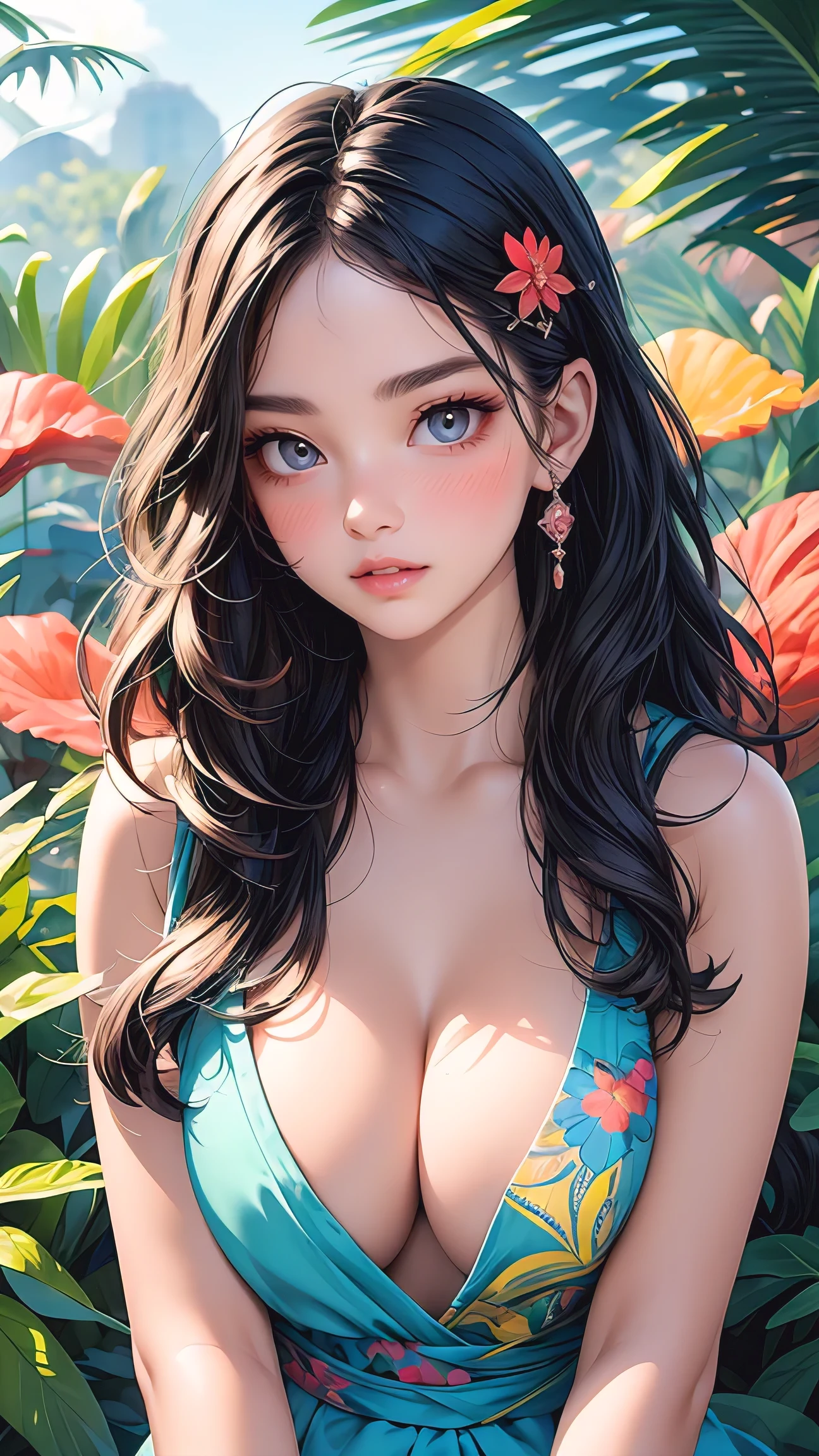 (masterpiece, best quality, photorealistic), woman, solo, perfect slim fit body, large breasts, wavy hair, hair ornaments, big gorgeous eyes, faint smile, parted lips, refract light from above, glowing light, vivid seaweed, colorful corals, looking afar, tropical fish, artistic, vibrant