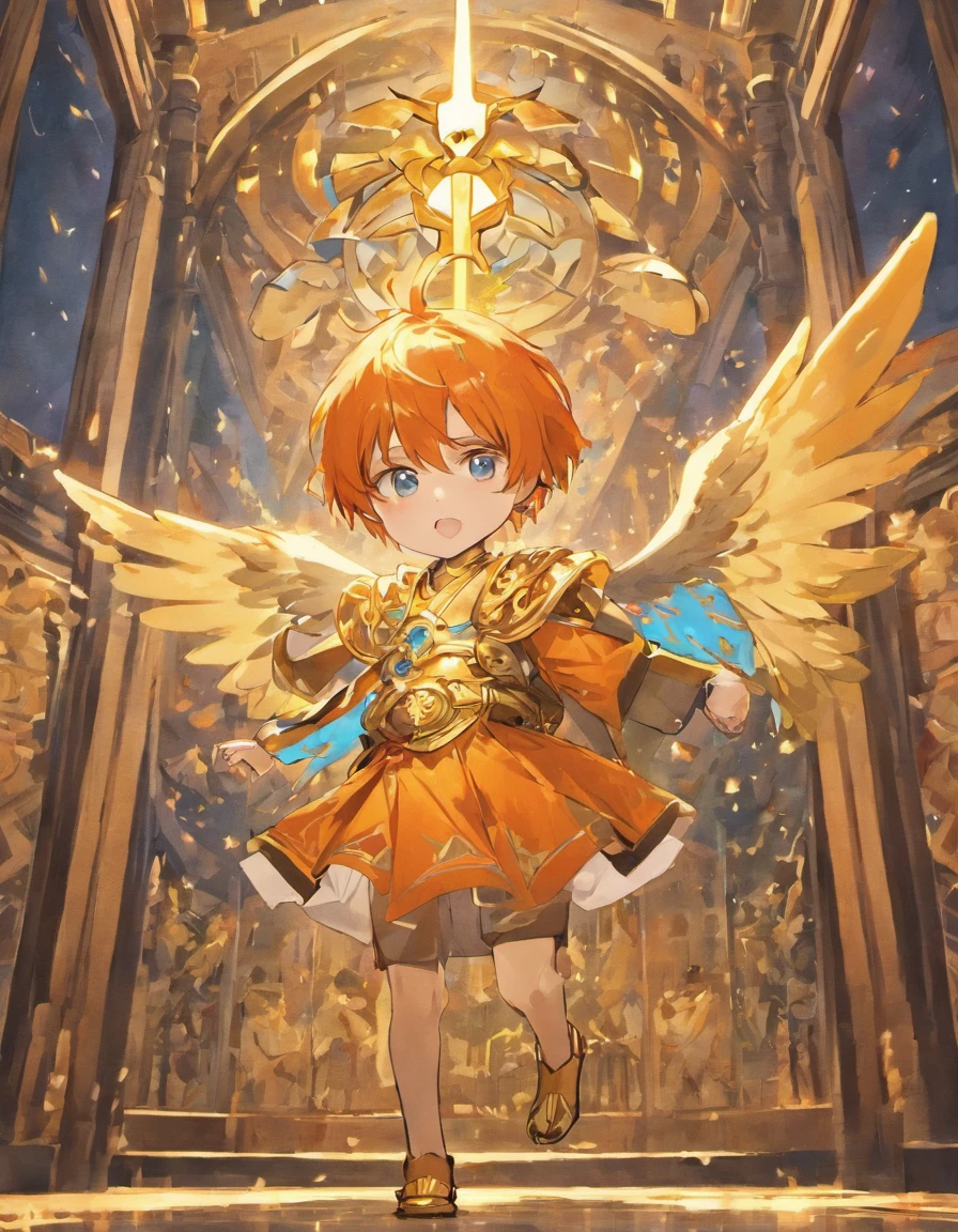 Взрослый мужчина boy, orange hair, blue eyes, looks into the frame, very detailed large wings, boy, inside a temple with columns, super detailed background, shades of gold, Sun, sunlight, boy в одежде хлопок, full length, The position is straight, boy мило улыбается, high definition, HD, sharp lines, divinity, very detailed wings