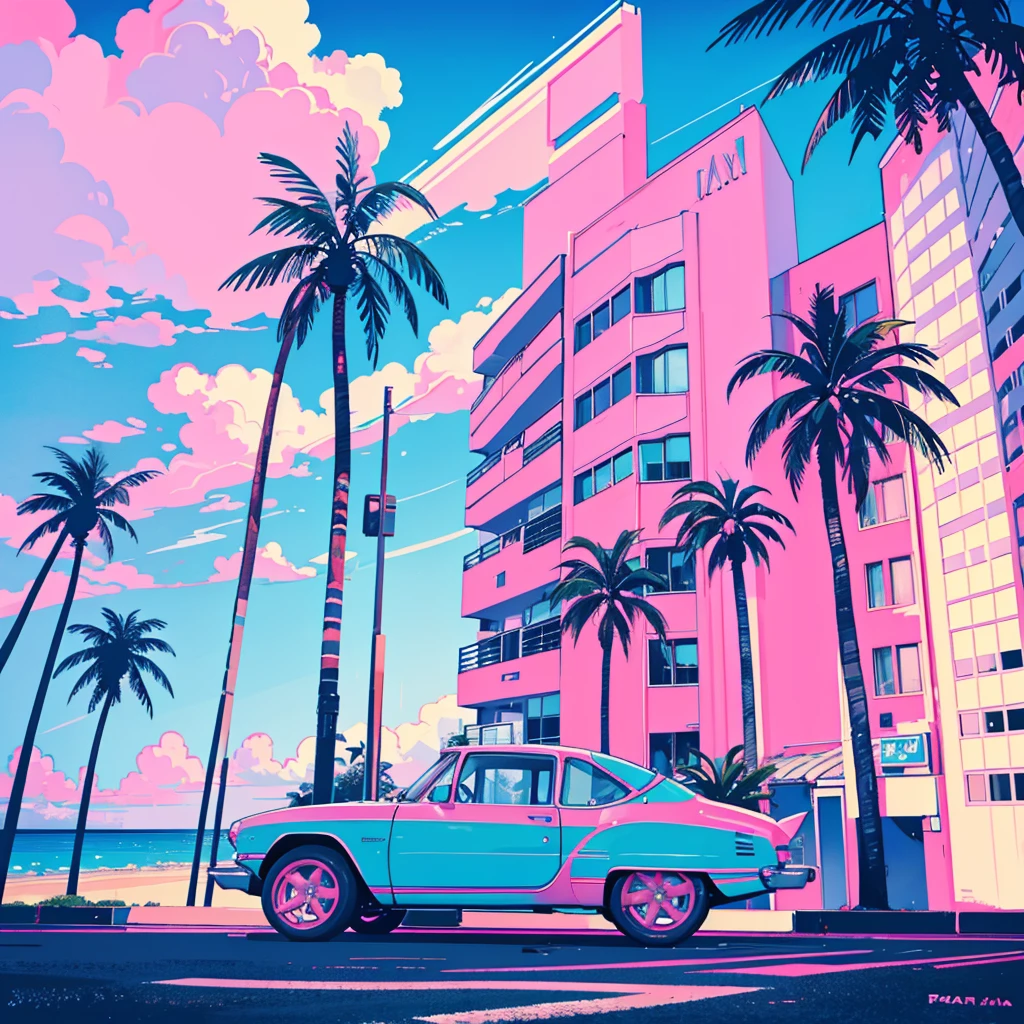 seaside, pink sky, palm tree, blue classic car, blue and pink neon