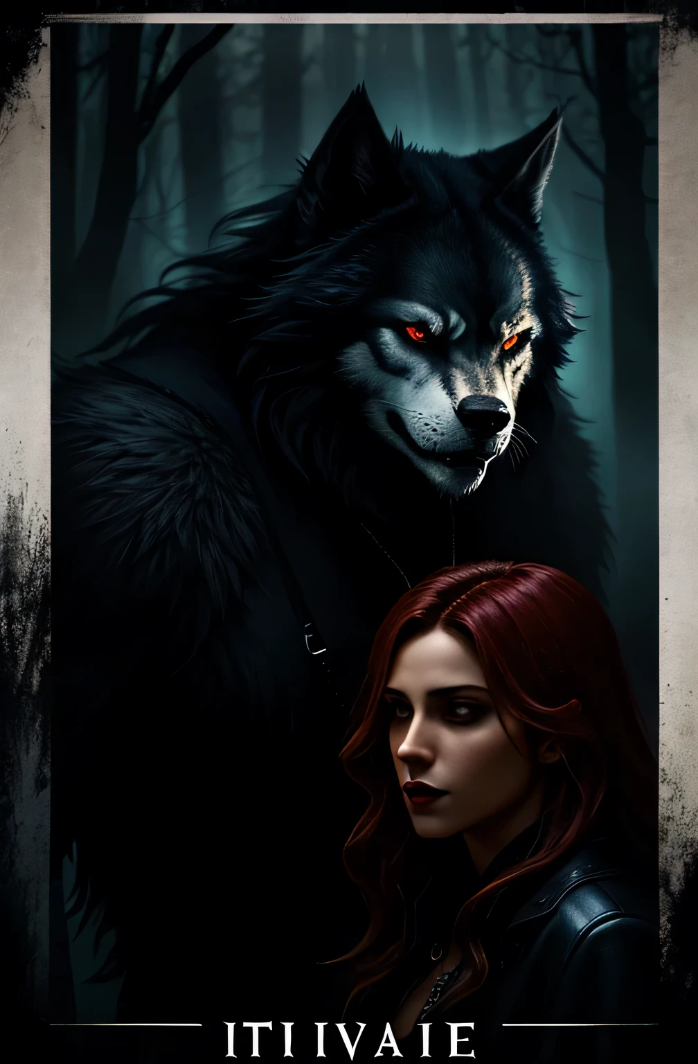 Create a dynamic poster featuring a thrilling face-off between a vampire and a werewolf. The setting should be mysterious and captivating. Use vivid colors to evoke the supernatural essence of the creatures