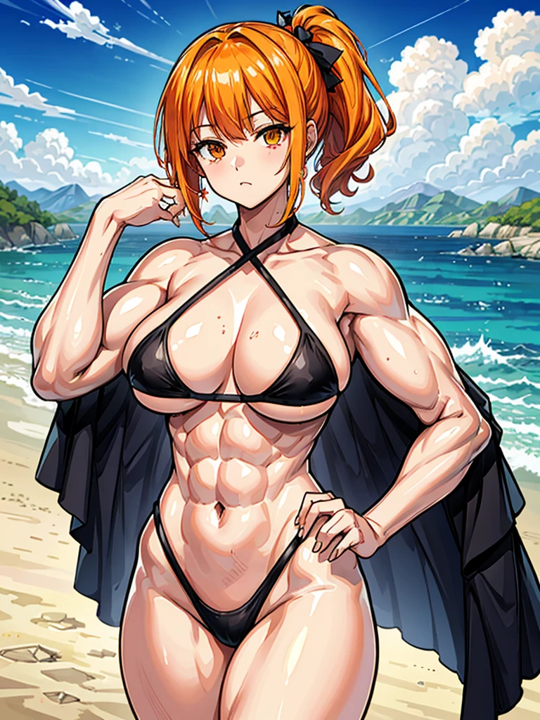 (((masterpiece、Highest image quality、highest quality、highly detailed unity 8kwallpaper)))、((Illustration of one girl))、(((beautiful girl)))、((orange hair、side ponytail、sidelocks:1.2、orange eyes))、((stocky build, thickset physique:1.3, muscular legs, broad shoulders, solid chest:1.2)))、swimsuit、sandy beach