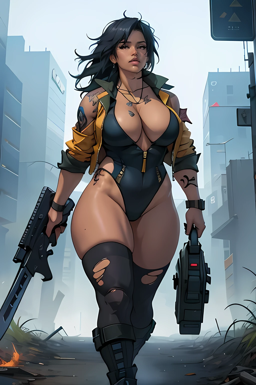 (((tattoos))), ((dark skin)) ((chubby physique)), long flowing hair, woman walking with determination, torn post-apocalyptic military ripped uniform, combat jacket with ripped holes, combat-leotard tights with ripped holes, (wearing weapons and explosives) extravagant breasts, ((giant boobs)), Futuristic sci-fi post-apocalyptic world, madmax movie, brutal violent dark cyberpunk dramatic background, (((photorealistic cinematic unreal engine))),