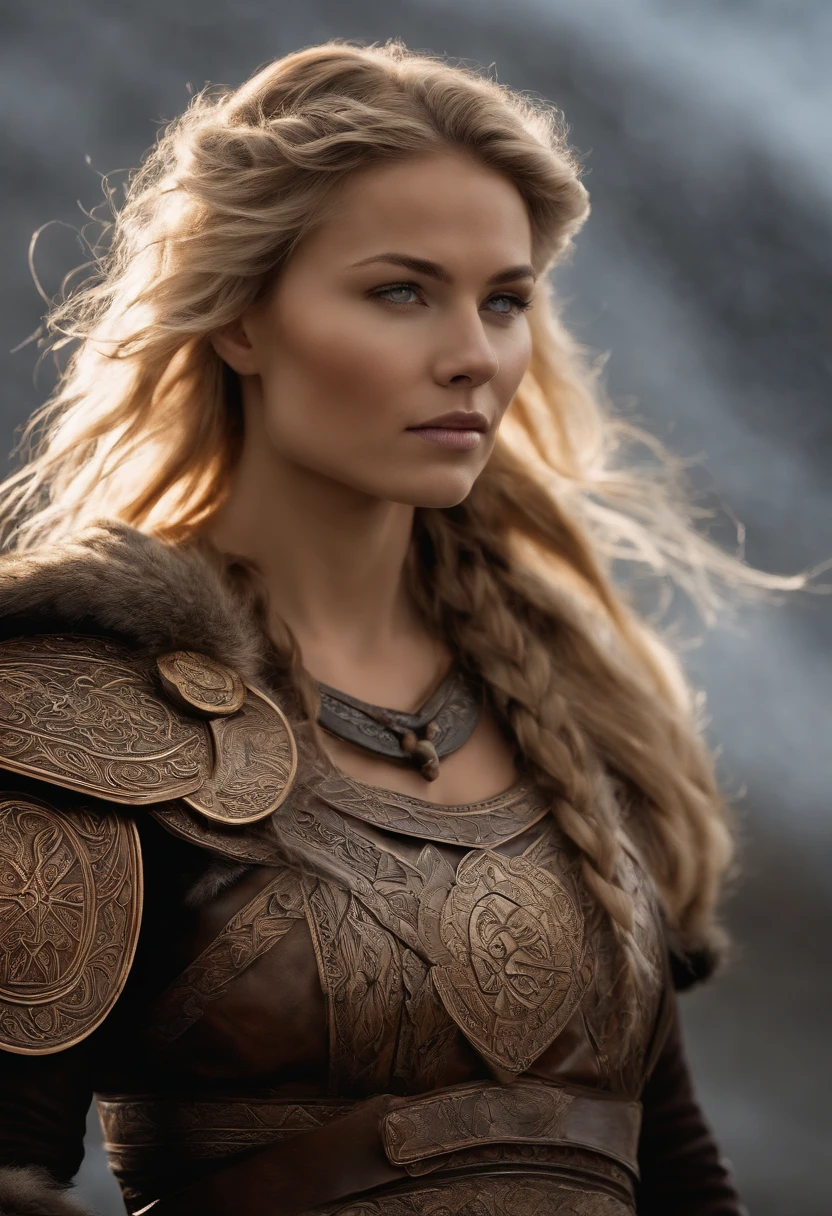 (a strong, fierce,norse) (shieldmaiden,warrior) with (captivating,detailed)(tattoos,ink) symbolizing her (strength,power,force), (resilience,endurance,determination), and (connection,bond,link) to her (viking,norse) heritage. (The tattoos:intricate patterns or symbols) are carefully adorned on her (arms,body), (telling a story of her battles and victories) as she stands tall and confident. Her (eyes, gaze) radiate (determination,resoluteness) and her (expression,face) reflects her (fearlessness,courage). She wields a (mighty,strong) (shield,protector) with (ornate,detailed)(carvings,engravings) that showcase her (courage,fortitude) in the face of adversity. (The shield:emblazoned with viking motifs or symbols). Her (blonde,flowing) (hair,locks) cascades down her (shoulders,back), accentuating her (fierce,warrior-like) appearance. The (environment,background) is a (majestic,misty) (northern,viking) landscape, with (snow-capped,mountainous) terrain and (ancient,weathered) runes etched into the stone. (The lighting:golden,hazy) sun rays (illuminate,highlight) her presence, creating a (magnificent,ethereal) aura. The (atmosphere,mood) is filled with a (sence,feeling) of (mystery,conquest), evoking the spirit of Norse legends and ancient battles.