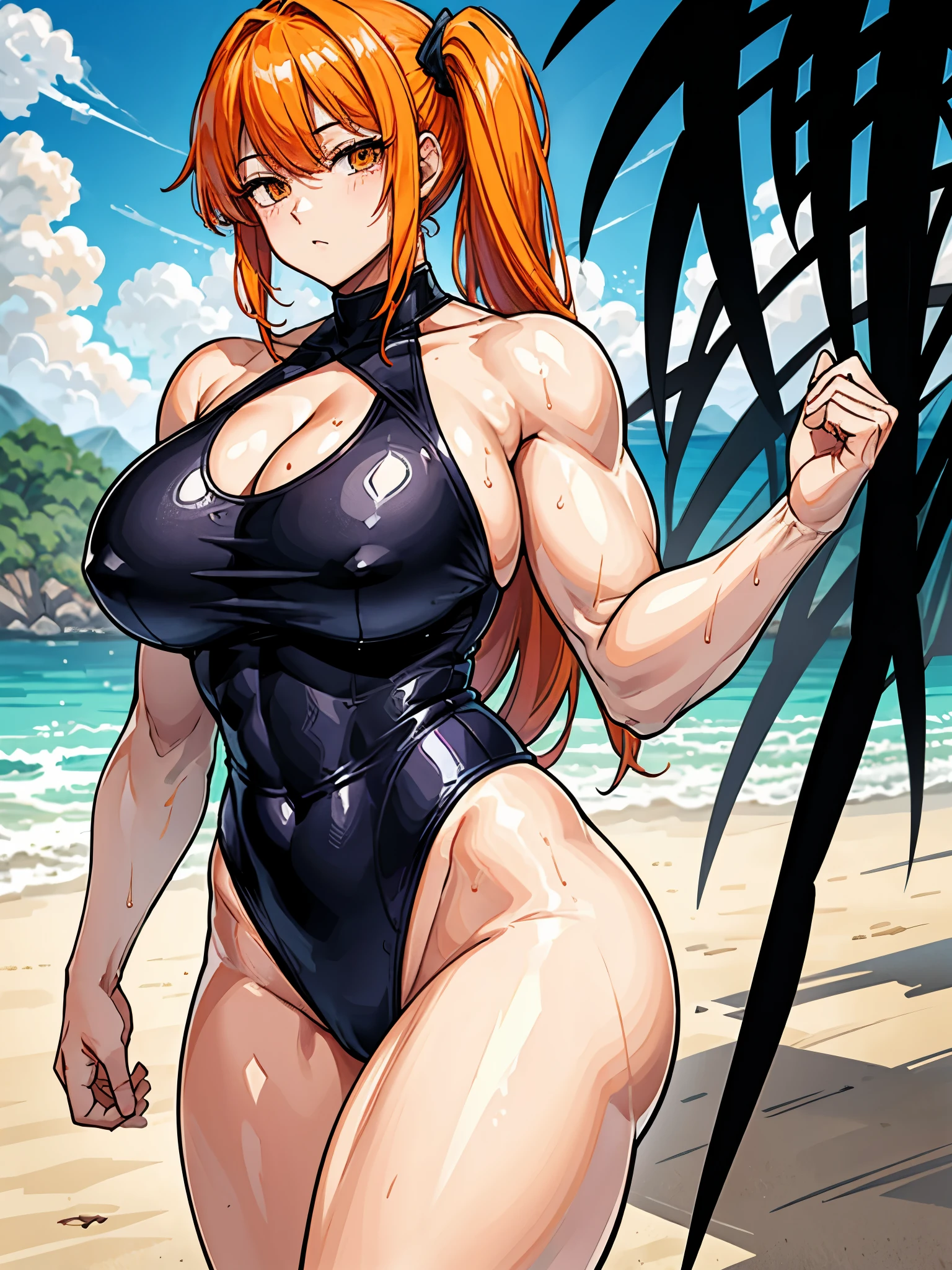 （（（masterpiece、Highest image quality、highest quality、highly detailed unity 8ｋwallpaper）））、（（Illustration of one girl））、（（（beautiful girl）））、（（orange hair、side ponytail、sidelocks：1.2、orange eyes））、（（（（body full of big scars）））、（（stocky build, thickset physique：1.3, muscular legs, broad shoulders, solid chest）））、swimsuit、sandy beach