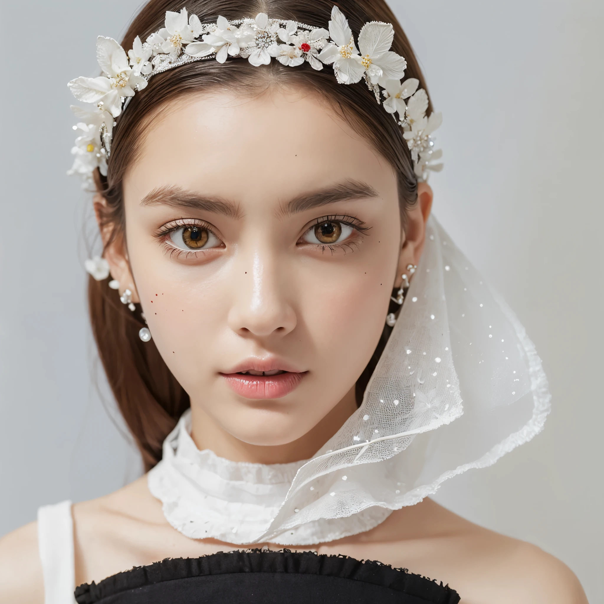 best quality,highly detailed,masterpiece,ultra-detailed,solo,(Delicate eyes),(white background:1.3),red eyes,standing,beltskirt,[trench coat:20],jewelry, mole_under_eye, looking_at_viewer, frilled_hairband,earrings