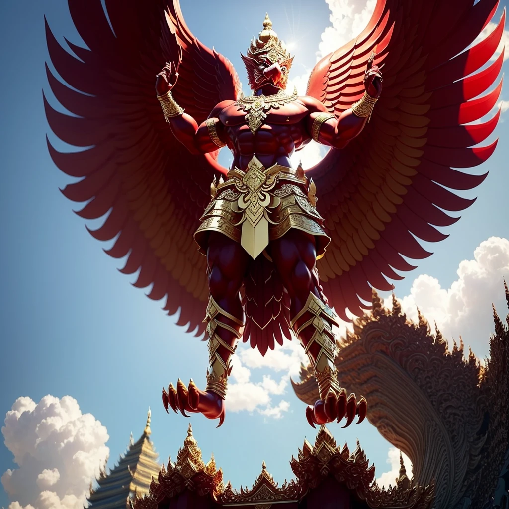 (Garuda 1) Red eyes, muscular body. Best anatomy: Red-skinned Garuda. Red-haired Garuda. Large, outstretched, red-winged Garuda. perfect wingspan Wear jewelry made from gold with Thai patterns. Gold jewelry decorated with diamonds on Garuda's head Wearing Thai cloth pants, Thai silk, red Thai pattern. Hands on hands and legs look like perfect birds. Hands, legs, feet are perfect. Stand on the ground, look straight, stand fully. The skin is the most detailed. The skin is red. The fur is the most detailed red. Red eyes, best detail The best anatomical details, details, cloth, accessories, Thai warrior armor. Best Metal Details Best Weapons Best Weapon Details (Special details Masterpiece quality Realistic Photos(Ultimate Realistic Photos 8k,16k,32k) Maximum realism and best lighting details. Best light quality, best shadows World class photography studio (Best close-up view)(The backdrop of the Thai temple castle is extinguished with gold, silver, emeralds, diamonds, perfect. The background is the sky, clouds, and fog. It feels natural and realistic.)