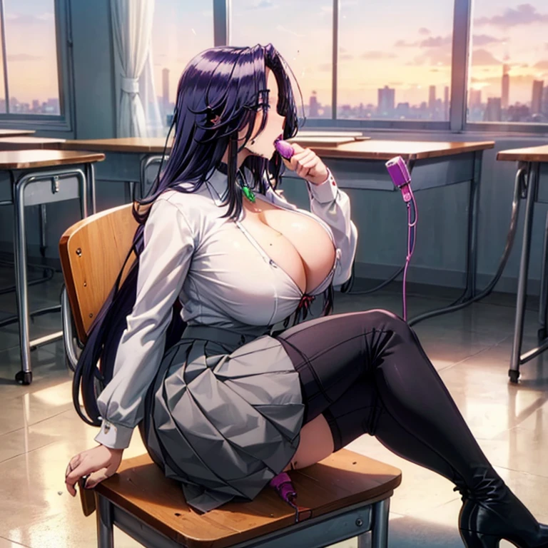 Hi res, masterpiece, 8k, nsfw, classroom, sunset, near a windows with a beautiful city landscape, aurora, (gigantic tits: 1.6), (dense pubic hair: 1.4), (open white shirt: 1.4), (pleated gray skirt: 1.4), (black stockings: 1.4), (black high boots: 1.4), lewd face, ahegao expression, tongue out, (she sit with her legs spread wide on a school chair: 1.4), (she pouring out love juice form her exposed vagina while moaning: 1.5), (she has a huge vibrator in her vagina: 1.4)