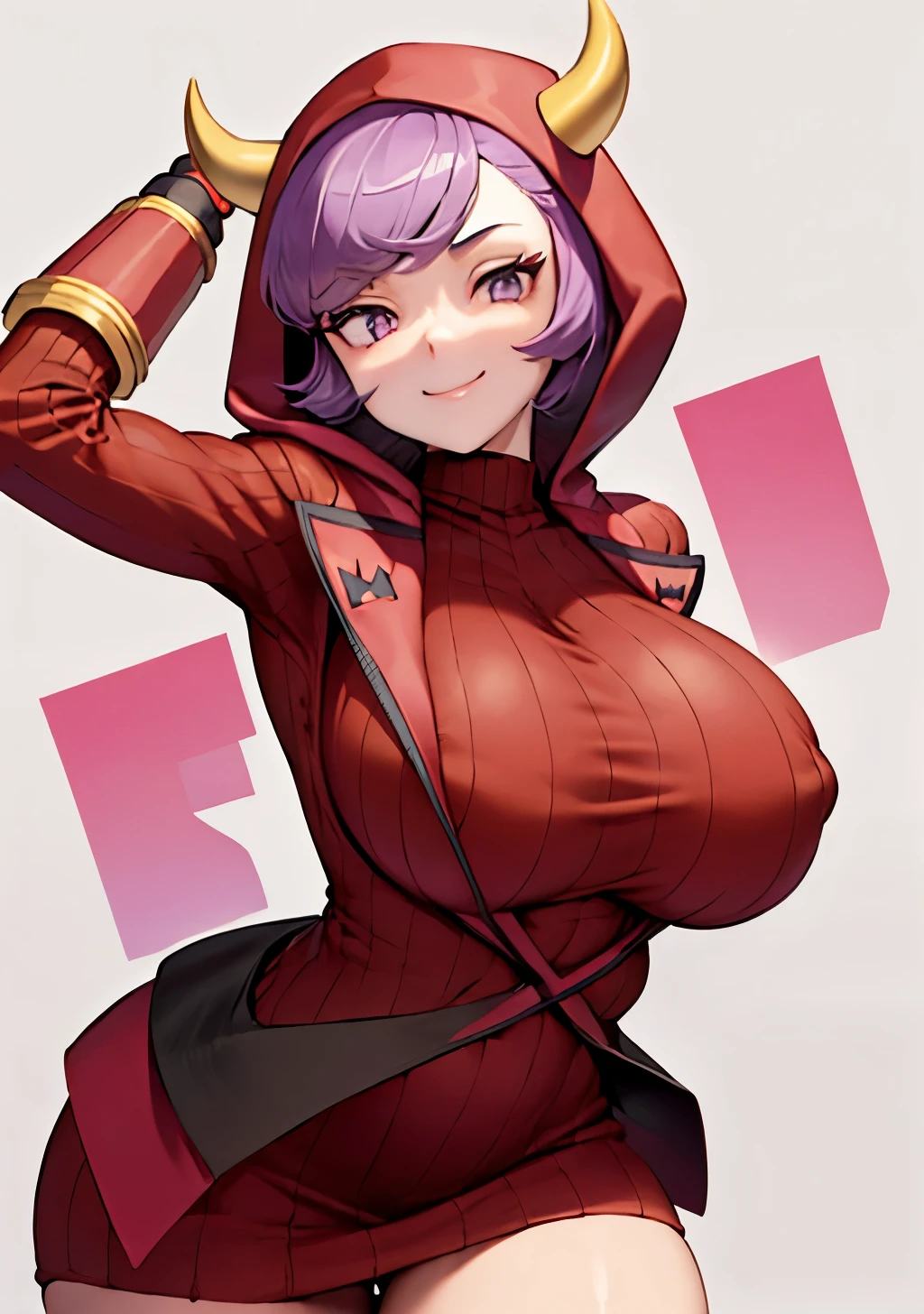 courtney, 1girl, solo, breasts, looking at viewer, smile, short hair, bangackground, gloves, white background, dress, closed mouth, purple eyes, purple hair, horns, signature, hood, arm up, sweater, eyelashes, red dress, clenched hand, red gloves, ribbed sweater, hood up, fake horns, sweater dress, horned headwear, ribbed dress, gigantic breasts