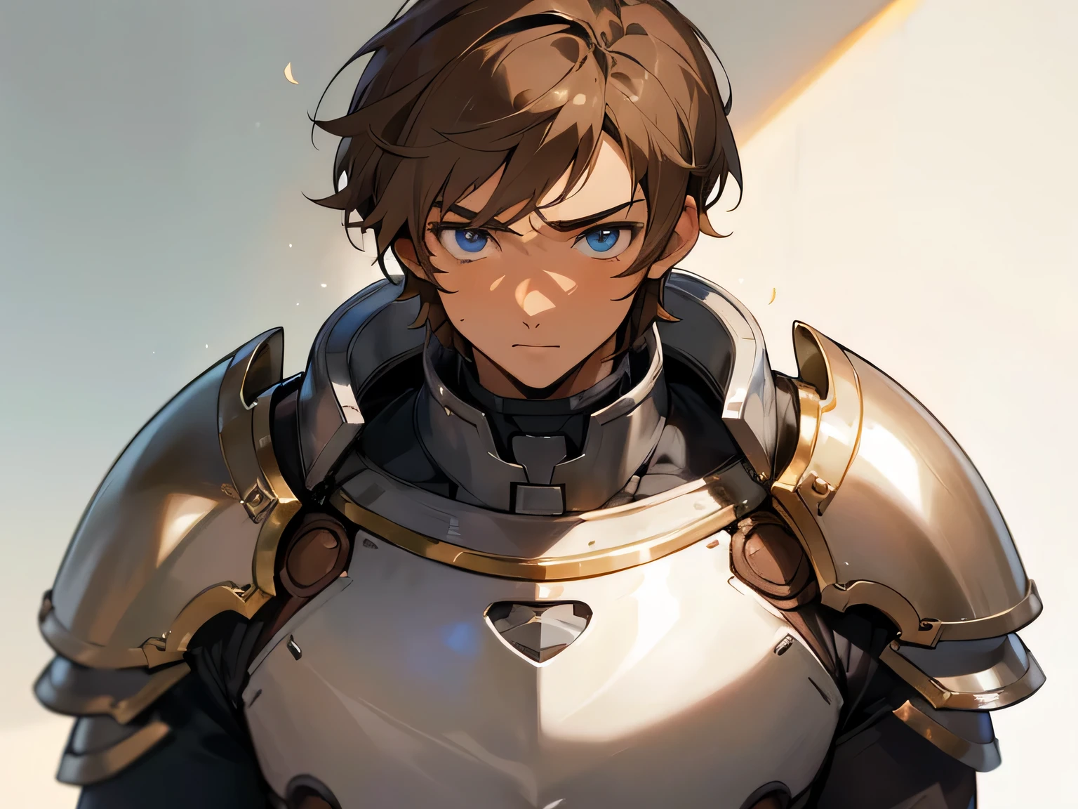 masterpiece, best quality, (anime man), mature, light tan skin, ((short brown hair)), blue eyes, silver armor, fit, handsome, kind, shy, in love