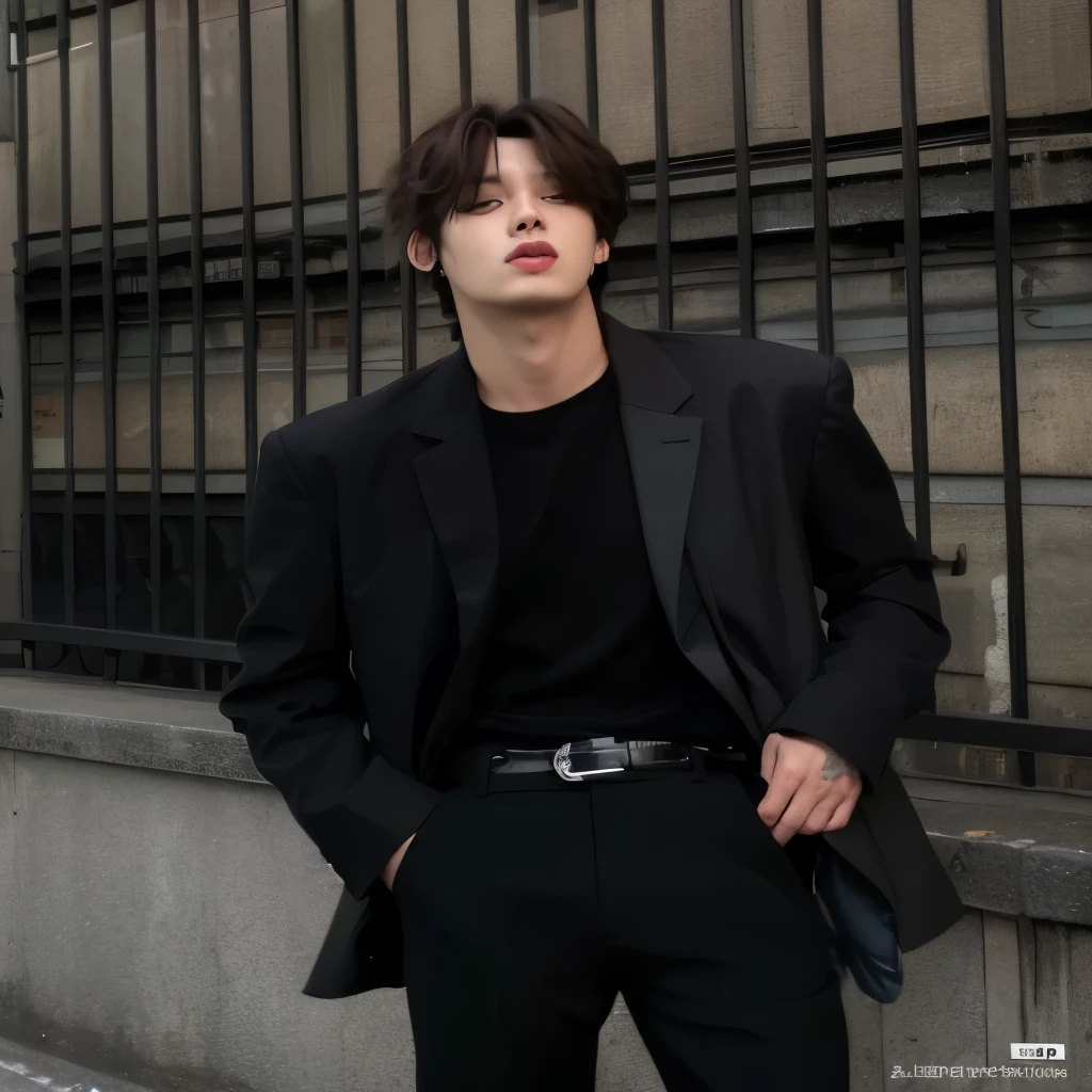 arafed man in black suit smoking cigarette in front of a building, wearing black modern clothes, wearing causal black suits, male ulzzang, a man wearing a black jacket, jung jaehyun, wearing a black noble suit, wearing black clothes, cai xukun, wearing a black blazer, wearing a fancy black jacket, black oversized clothes stray kids hyunjin