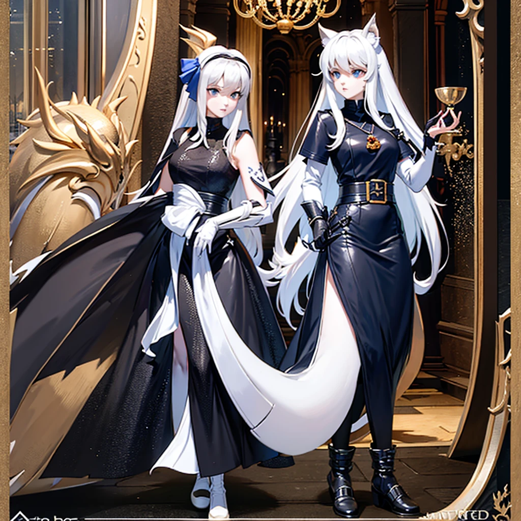 8k, resolution, high quality, high resolution, best quality, best resolution, absurd resolution, ray tracing, high detailed, masterpiece, extremely detailed,shoulder length white hair, female,white 2 wolf ears, teenage girl, slim body, white scale dragon tail,black boots,black leggings, school skirt, white jacket, medium size chest, detailed blue eyes, detailed beautiful face,solo female,1 dragon tail, detailed eyes, tomboyish