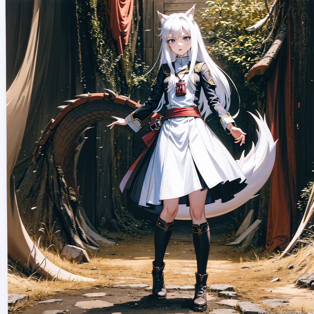 8k, resolution, high quality, high resolution, best quality, best resolution, absurd resolution, ray tracing, high detailed, masterpiece, extremely detailed,shoulder length white hair, female,white 2 wolf ears, teenage girl, slim body, white scale dragon tail,black boots,black leggings, school skirt, white jacket, medium size chest, detailed blue eyes, detailed beautiful face,solo female,1 dragon tail, detailed eyes, tomboyish