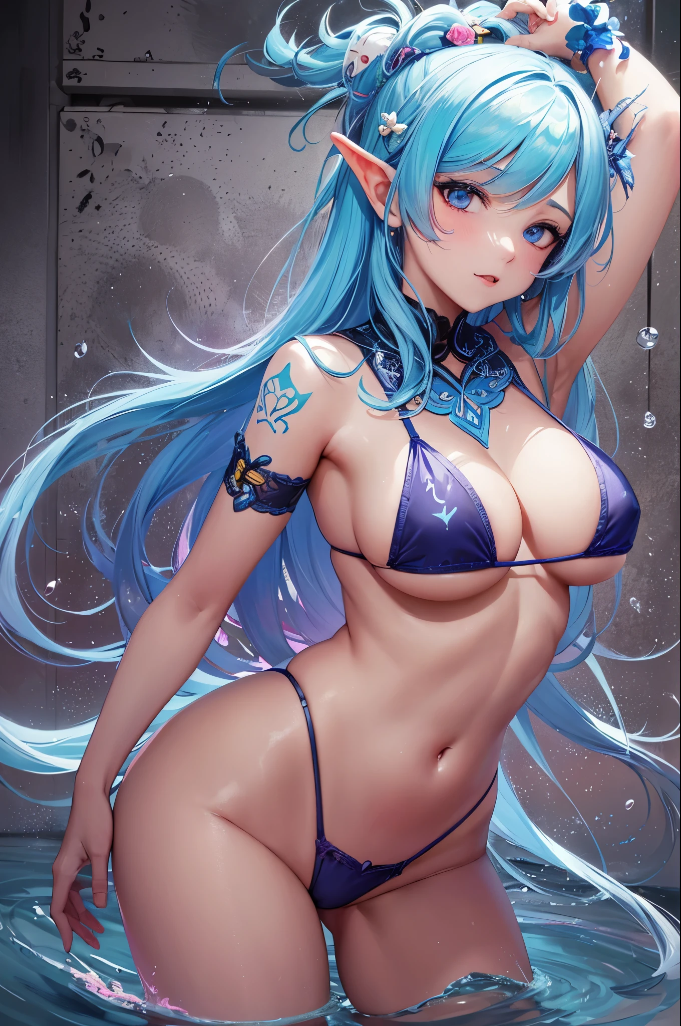((anime girl)) with ((micro bikini)) yellow,face ((ahegao)) prompt ((anythingelse - v4.5)) Lora Purah ((the Legend of Zelda breath of the wild)), ((Master piece)), (()), ((full body)), ((High quality detail)), ((breast Big)),and legs korean with ((hair red)) and blue type hair short ((tattoo)) skull in your left leg she move yours arms and hands peace sing negative prompt ((Bad Artist)) ((Legs korean)) --auto --s2
