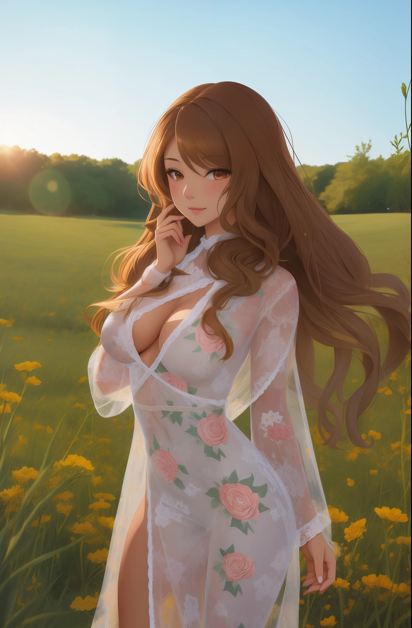 woman, with long dark curly hair, sexy look, glamorous pose,  anime, hentai, manga, woman, cartoon, golden brown hair, best quality, standing in the summer field, manga, illustration, perfect body, YAMATO, Sexy_attire, sexbodysuit, SEE THROUGH, in dress with drawings flowers, summer portrait