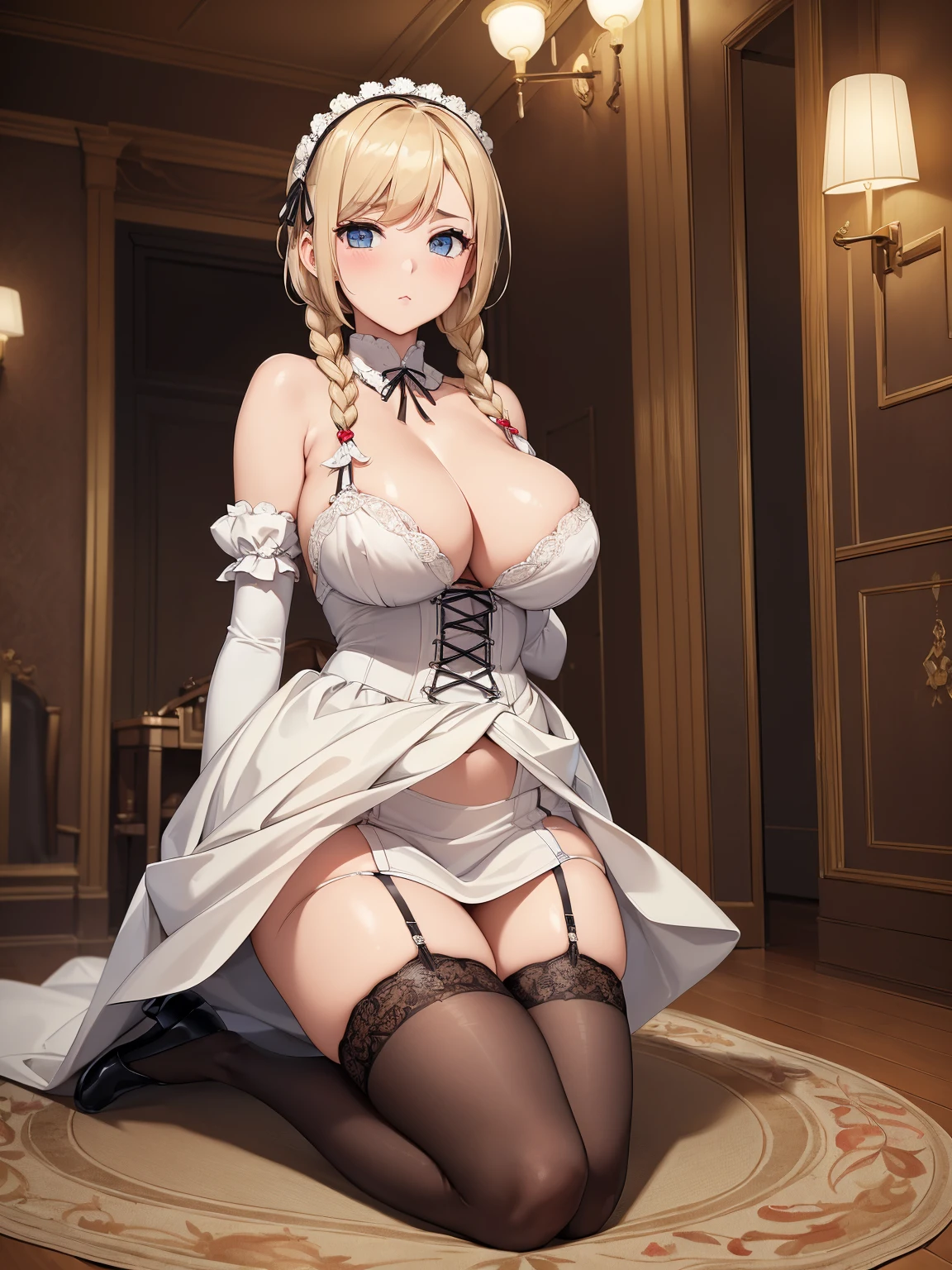 (masterpiece, quality, best quality, Perfect detaileautiful and beautiful:1.2)Two braidlush,big tits,Super thin waist,Siamese lace,Garter stockings,Perfect detailingers are clear and complete,Sit down position,Kneeling position(front)