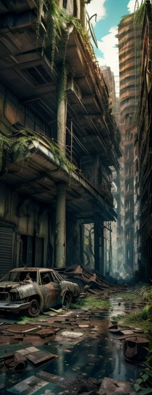 ((Point of View, camera angle contra diving, a city in ruins with a destroyed building in the background)), in a post apocalyptic setting, ((apocalyptic)) 8k, pintura fosca em preto e branco, futuro distopina, destroyed city in the background, em uma paisagem urbana arruinada, in a post-apocalyptic wasteland, in a post apocalyptic city, Akira CGI Filme Stills, cinematic photography concept art, destroyed city, ((imagem em preto e branco))
