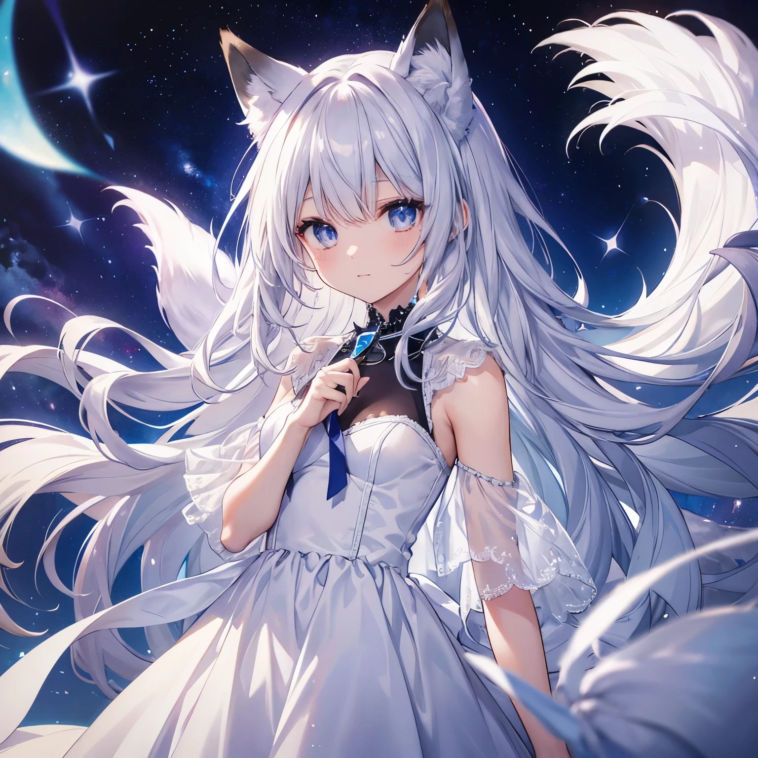 Fox, indigo eyes, silvery hair, white dress, star