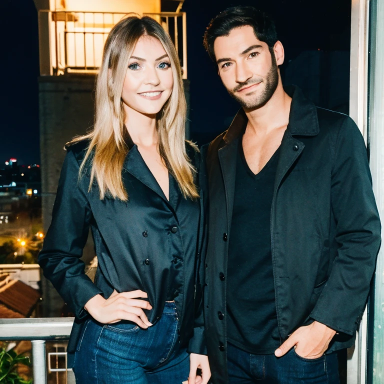 Tom Ellis and Taylor Momsen looking at eachother smiling calmly as they stand at the top of a rooftop building in Los Angeles at night, as they look into each others eyes laying on the rooftop railing