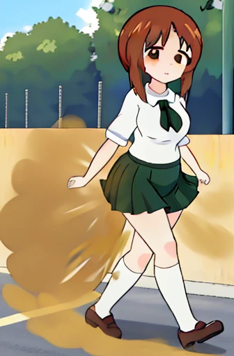 masterpiece, best quality, 1girl,solo,girls und panzer,nishizumi miho, brown hair, brown eyes,short hair,large breasts,ooarai school uniform,white shirt,black handkerchief,green skirt,loafers,outdoors, street, walking,women stink、Attack with farts、chies、shyness、女性はおならで攻撃する、お尻からガス、赤面