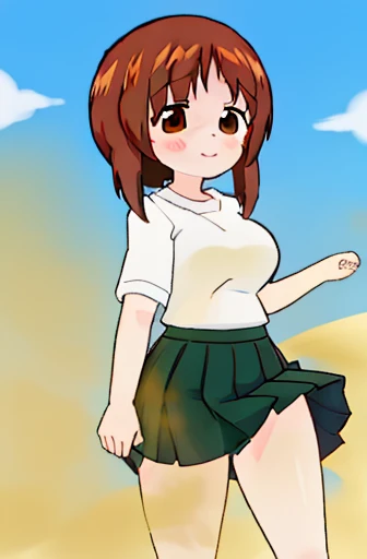 masterpiece, best quality, 1girl,solo,girls und panzer,nishizumi miho, brown hair, brown eyes,short hair,large breasts,ooarai school uniform,white shirt,black handkerchief,green skirt,loafers,outdoors, street, walking,women stink、Attack with farts、chies、shyness、女性はおならで攻撃する、お尻からガス、赤面