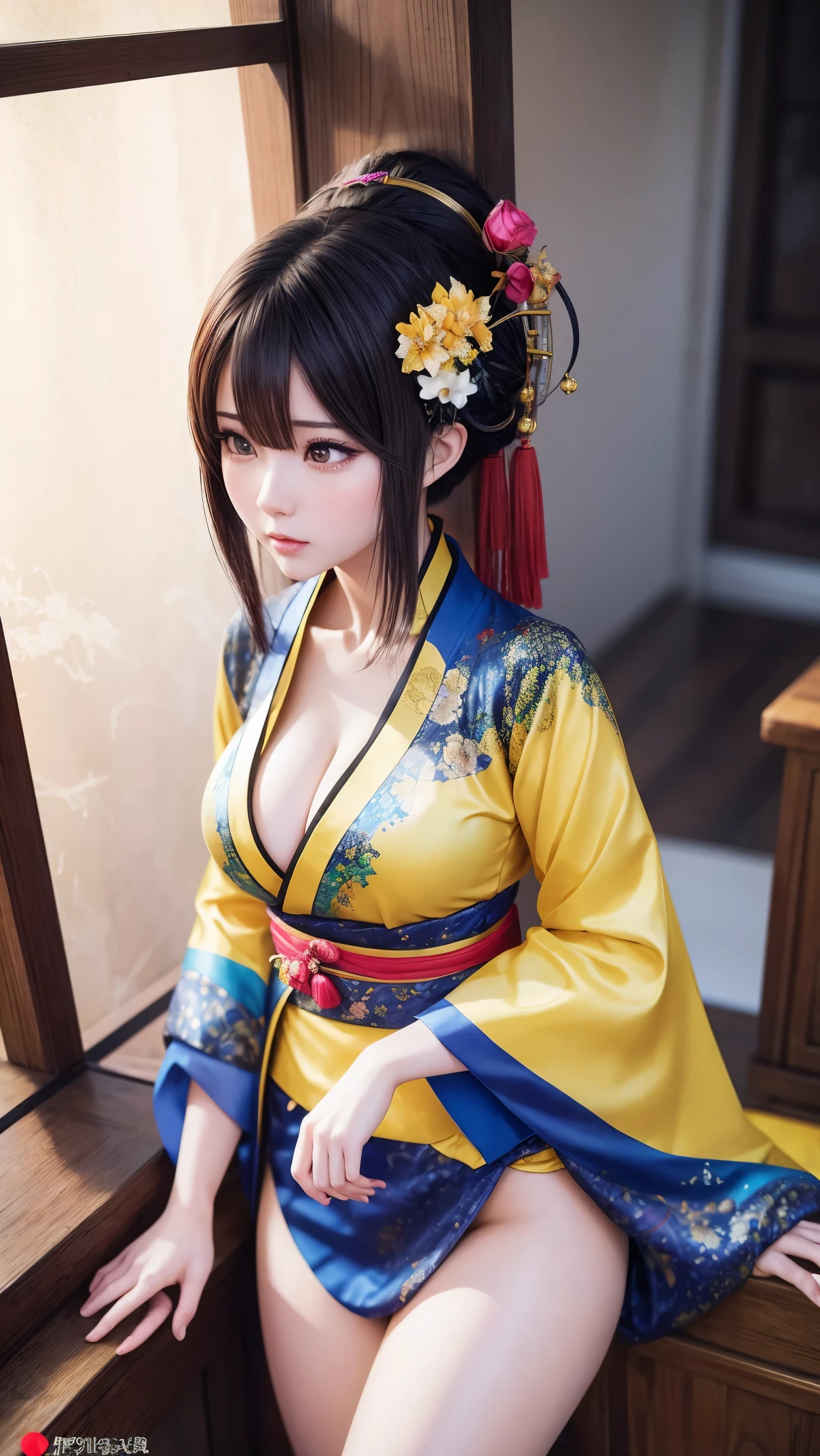 araffe woman in a sexy yellow kimono sitting on a ledge, palace , a girl in hanfu, realistic anime 3 d style, artwork in the style of guweiz, beautiful character painting, 3 d anime realistic, trending on cgstation, anime styled 3d, wearing ancient sexy chinese clothes, chinese girl, artgerm and atey ghailan, big breasts, perfect body