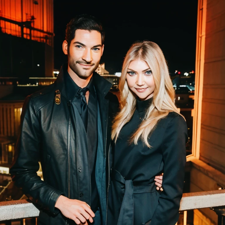 Tom Ellis and Taylor Momsen looking at eachother smiling calmly as they stand at the top of a rooftop building in Los Angeles at night, as they look into each others eyes laying on the rooftop railing