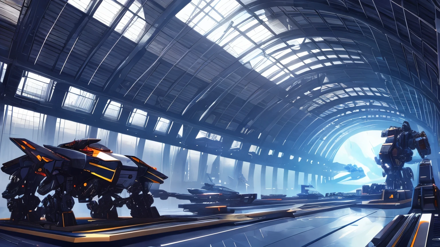 ((best quality)), science fiction, mecha, mech hangar