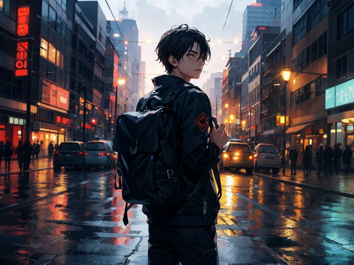 Detalhes Ultra HD、A cidade arruinada do apocalipse、Rain sky、Um bonito de preto、mochila de transporte