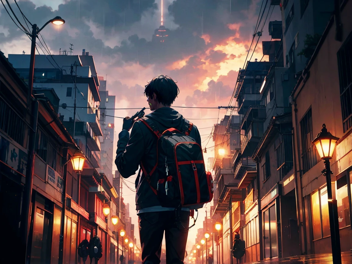 Detalhes Ultra HD、A cidade arruinada do apocalipse、Rain sky、Um menino bonito de preto、mochila de transporte