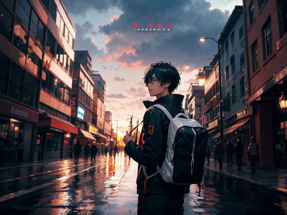 Detalhes Ultra HD、A cidade arruinada do apocalipse、Rain sky、Um bonito de preto、mochila de transporte