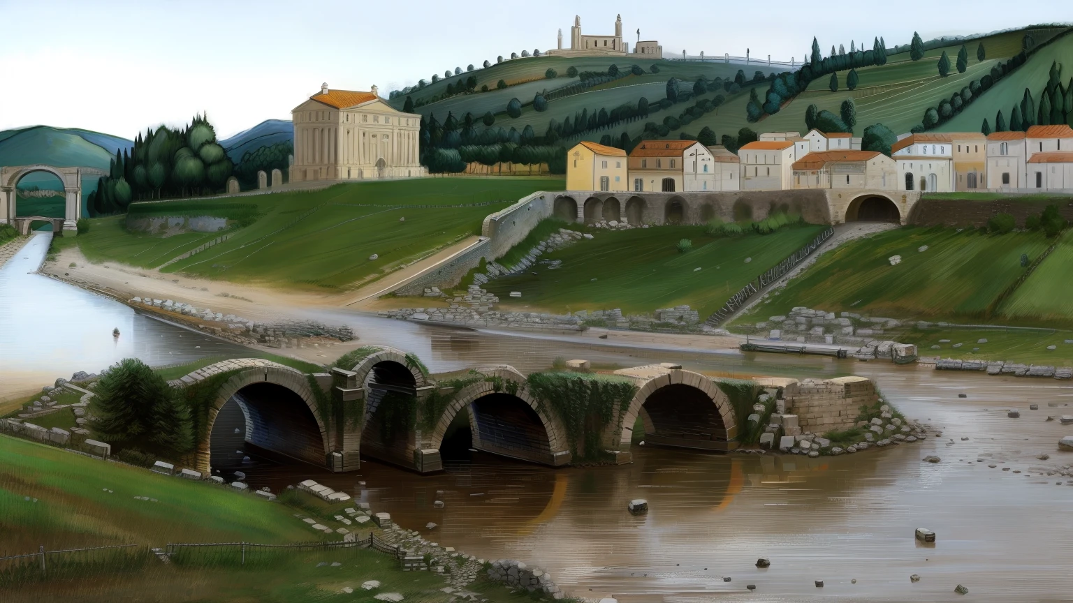 van gogh art style destroyed roman , rubble of a roman bridge