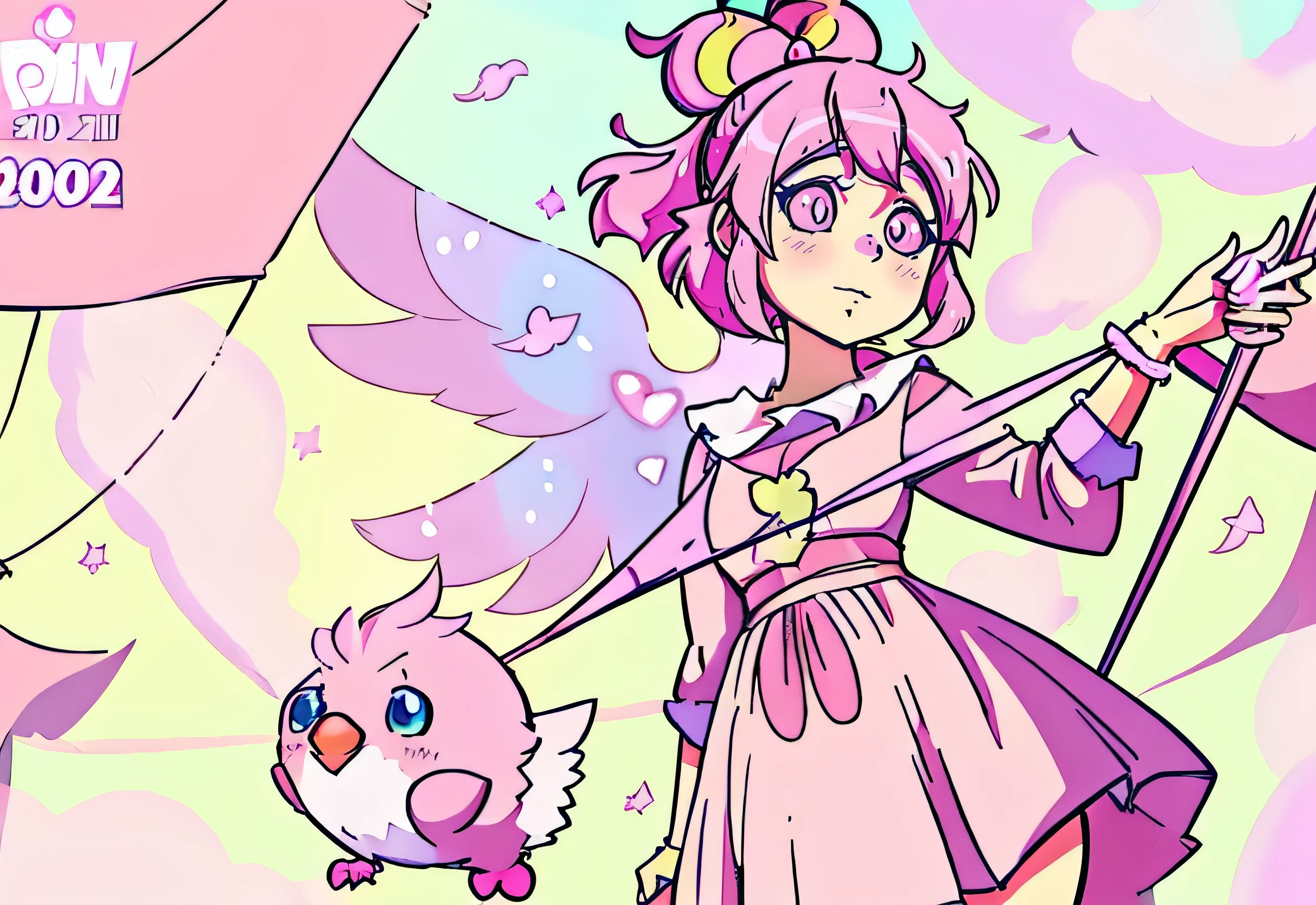 anime girl in a pink dress with a banner and a bird, made with anime painter studio, clown world, [ digital art ]!!, magical world, in anime style, in an anime style, [ floating ]!!, digital anime art!!, anime!, 2 0 2 2 anime style, 2022 anime style, anime style character, annie from league of legends