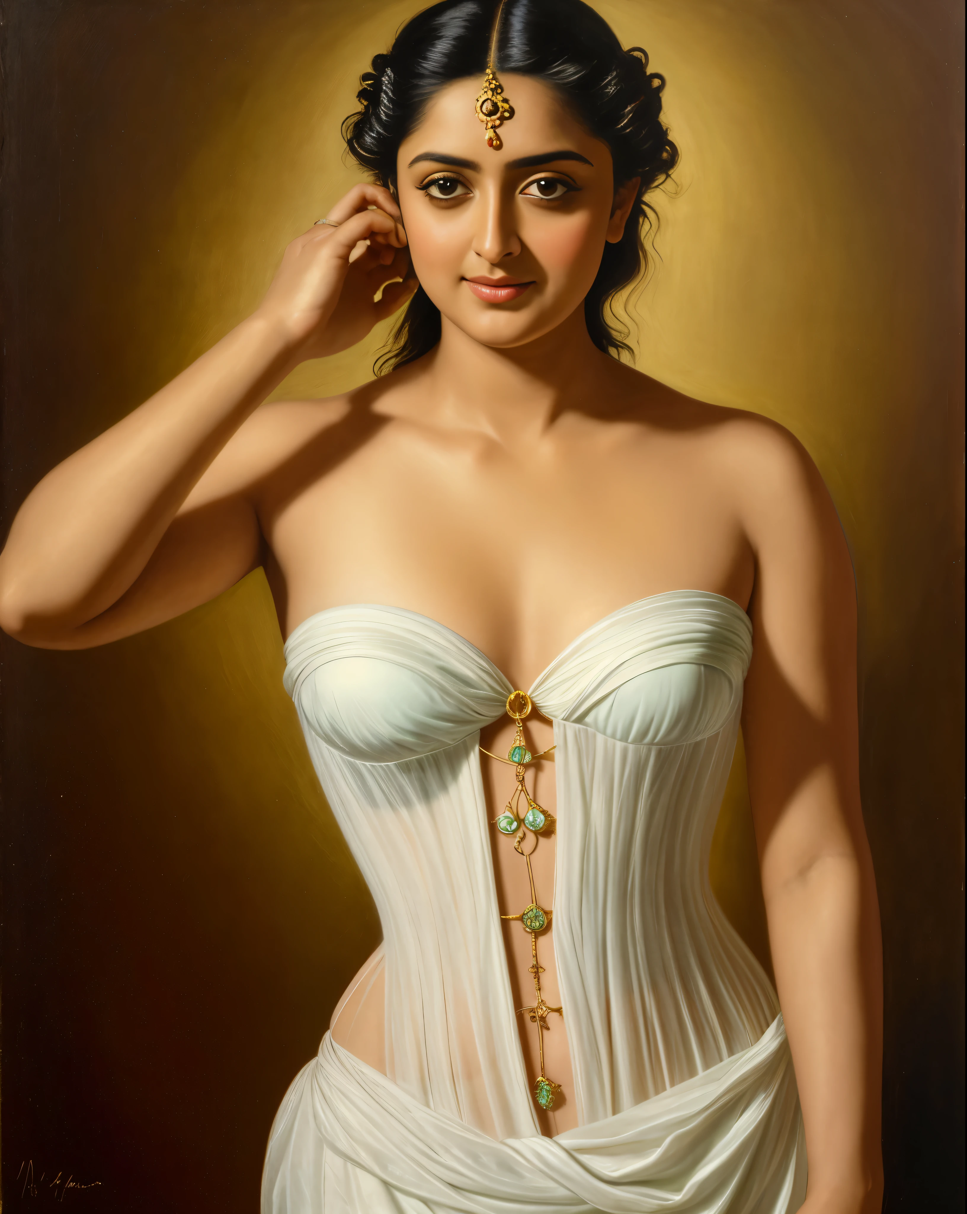 Looks like Anushka Shetty, Masterpiece, Best quality, high clarity eyes, beautifully styled hair, critically flawless,sharp picture, Full portrait, High pixels, perfect face, perfect eyes, beautiful face, perfect hands,perfect fingers, in Peter Paul Rubens style, by Peter Paul Rubens, baroque style, acrylic on canvas, highly detailed, description: "Create a nymph inspired by the tales of Greek or Roman mythology, embodying the essence of a natural element or location, and possessing a unique ability or trait that sets her apart."