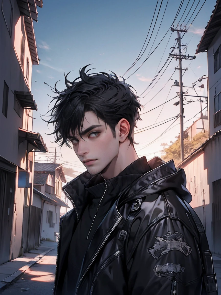 1 homem,obra de arte,melhor qualidade, ultra high resolution, twilight,paisagem urbana,profundidade de campo, short black messy hair, simplesmente ruim