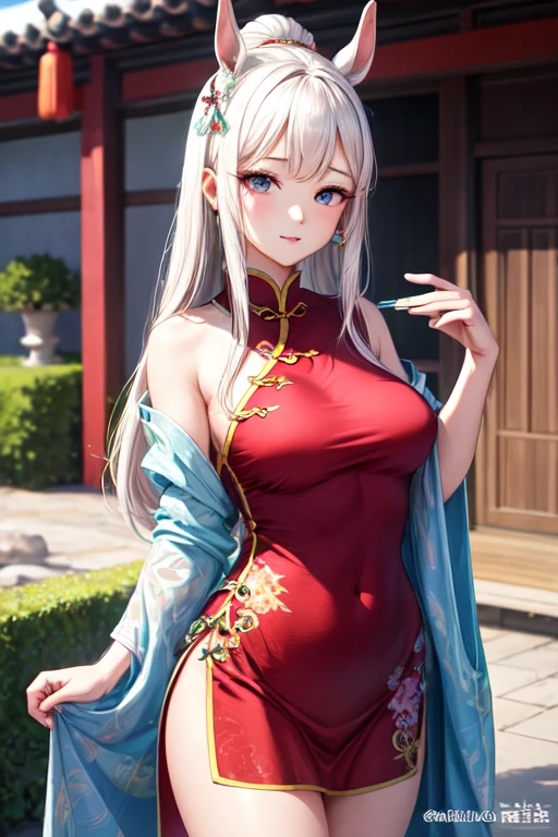 rosto perfeito4k,high resolution,Uma mulher,cabelo branco,Rabo de cavalo curto,olhos azuis,teta enorme,Rainha chinesa antiga,Cheongsam roxo,Chinese royal family