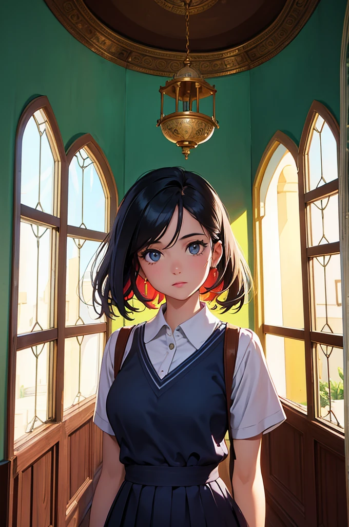 Portrait of a very beautiful schoolgirl, standing in a vintage house in Yazd with colorful glass on the windows, high definition, 32K resolution, cinematic lighting, dramatic lighting, vertical shot, Iranian architecture , background of Persian culture.