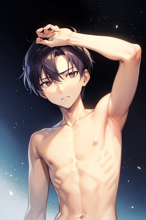 draw a image of shinji(male) from evangelion , make him nude,(armpit pose)
