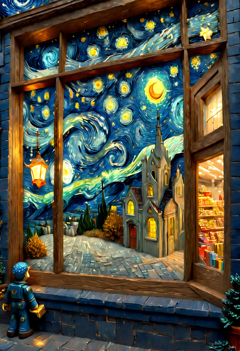 Toy Store, Window Display, starry night, by van gogh, octane render, enhance, intricate, (best quality, masterpiece, Representative work, official art, Professional, 8k wallpaper)