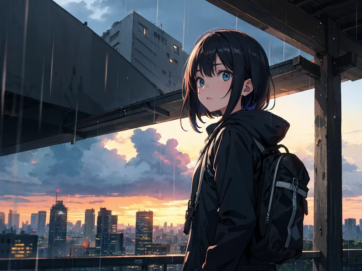 Detalhes Ultra HD、A cidade arruinada do apocalipse、Rain sky、Um menino bonito de preto、mochila de transporte