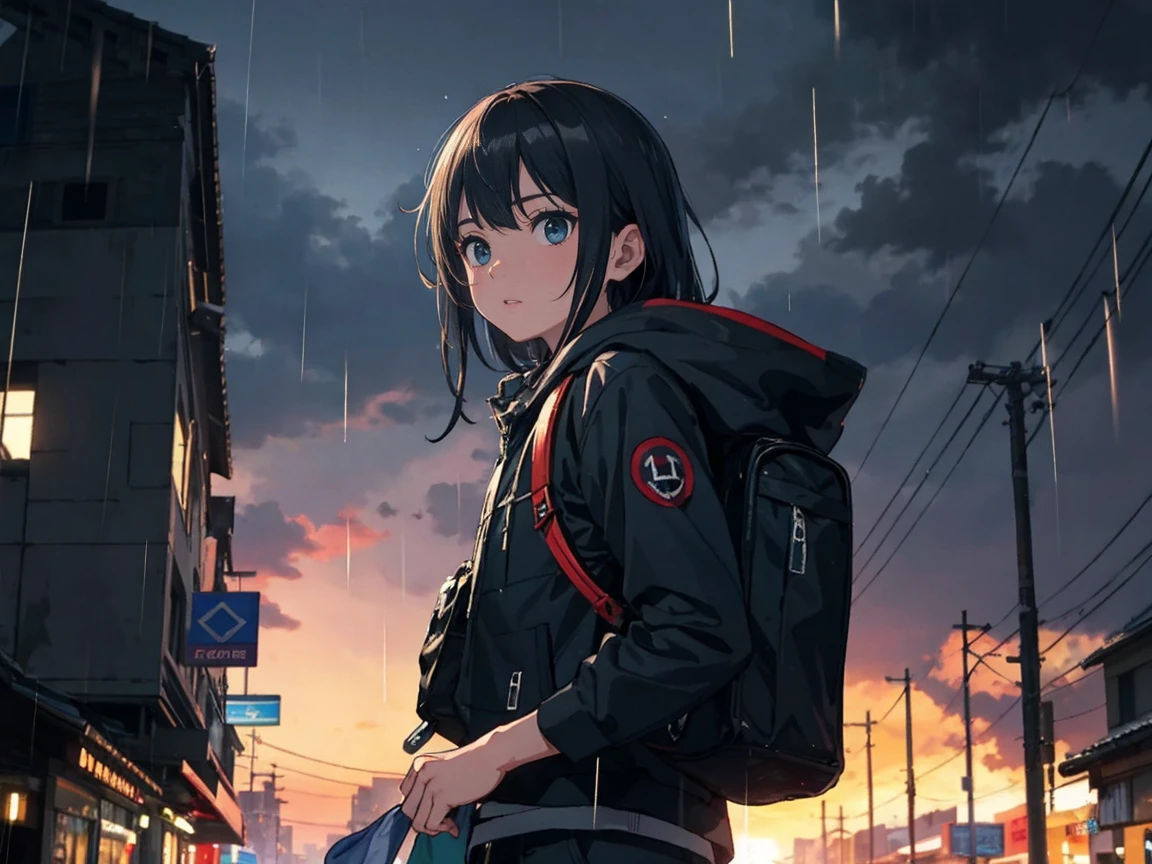Detalhes Ultra HD、A cidade arruinada do apocalipse、Rain sky、Um bonito de preto、mochila de transporte