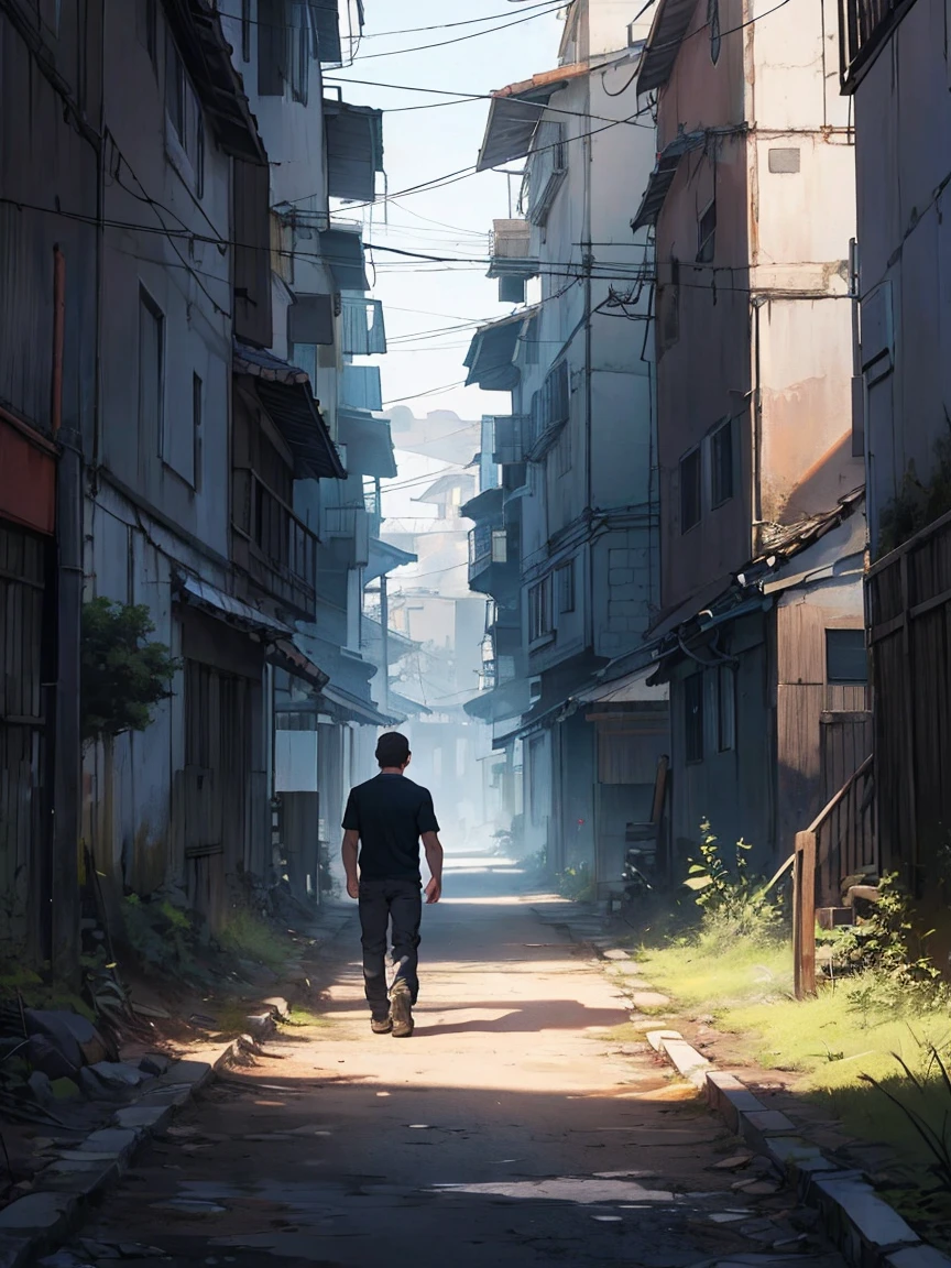 1 homem,obra de arte,melhor qualidade, ultra high resolution, twilight,paisagem urbana,profundidade de campo, short black messy hair, simplesmente ruim