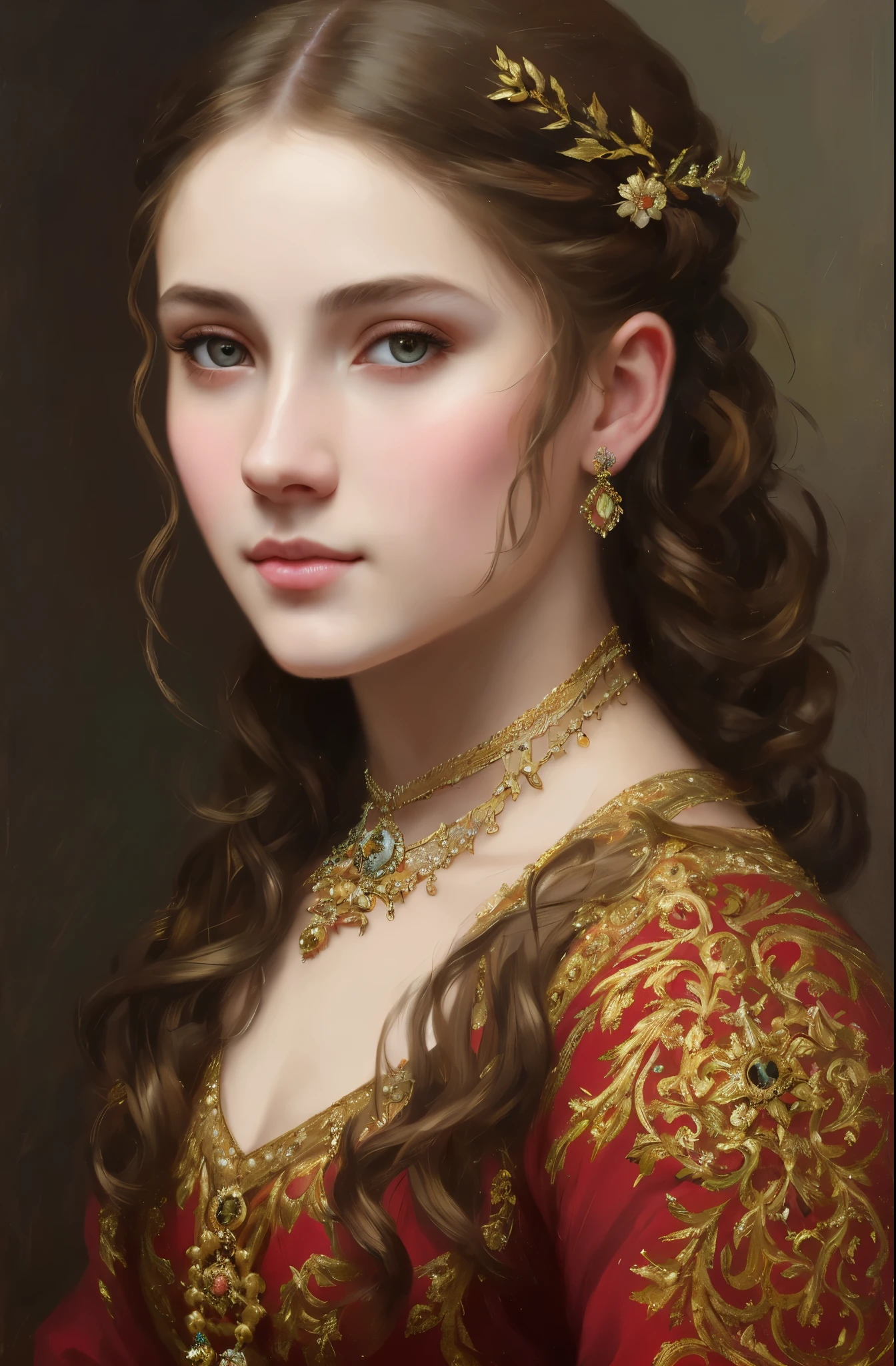 portrait, girl, middle ages, classicism, andrey atroshenko style, pierced eyes, painting, beautifully styled hair, traditional media, realistic, figurative, fine art, oil on canvas, HDR, 8K, original character, high resolution, high detail, focus on the face