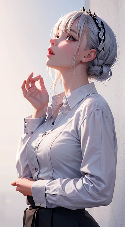 1 girl, French Braid hair,silver hair,pretty face,look up,amazed expression, mouth slightly open, wet red lips, masterpiece, realistic,short hair,wearing an ice crown